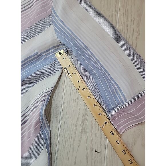 Chicos Linen Top Womens 2 White Pin Stripes Button Down No Iron Coastal Nautical - Picture 12 of 12